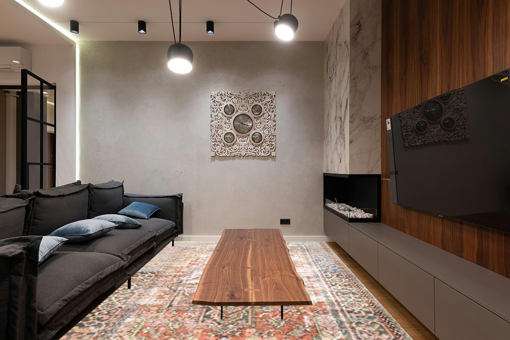 Loloi II Loren Terracotta/Sky 8'-4" x 11'-6" Area Rug in Dark Wood Living Room with Black Couch
