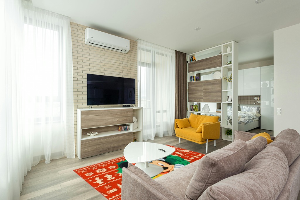 Green rug ideas in Light Modern Living Room with TV