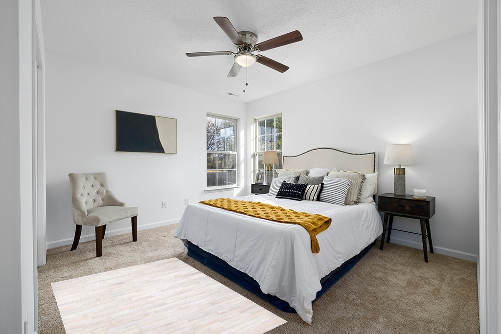 Cowhide rug in bedroom ideas in White and Yellow Modern Bedroom
