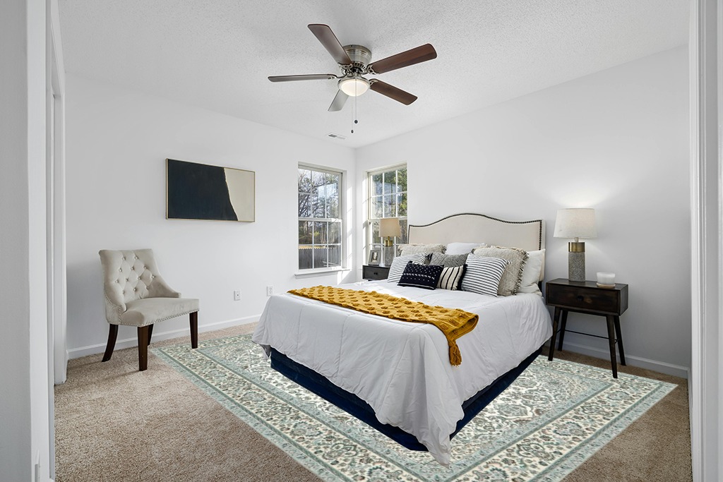 Rug over carpet ideas in White and Yellow Modern Bedroom