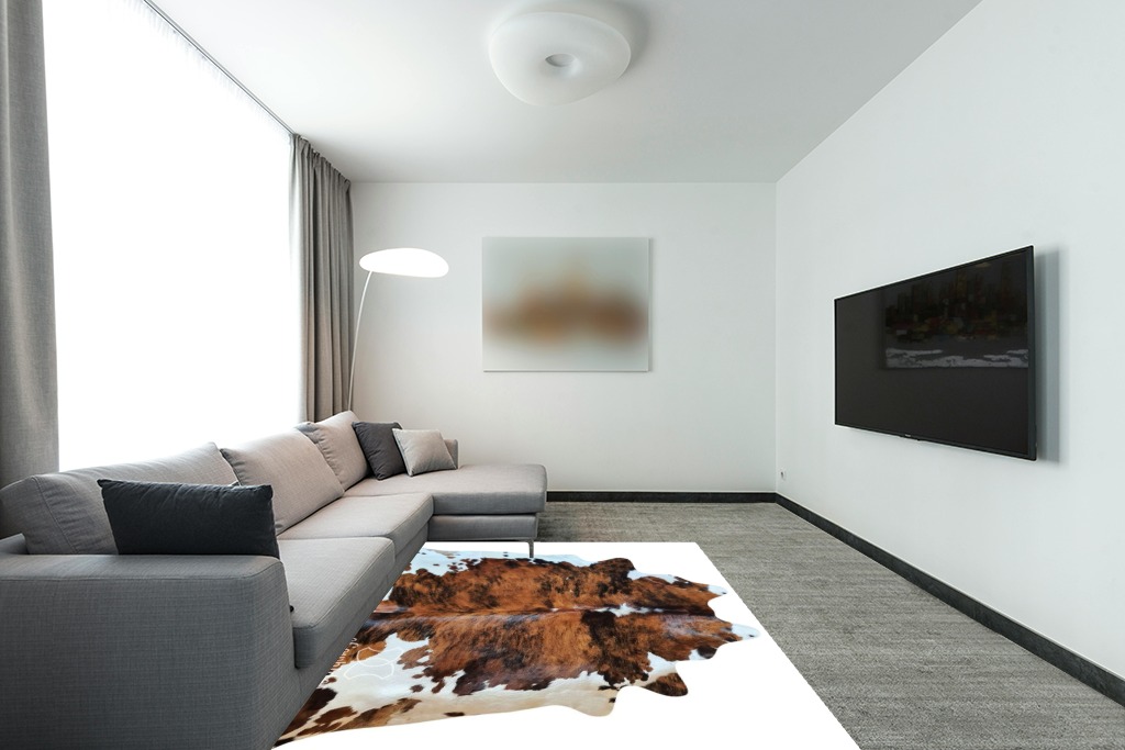 Cowhide rug decor ideas in Modern Living Room with Grey Couch