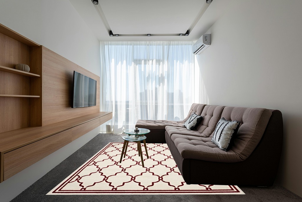 SAFAVIEH Amherst Collection Area Rug - 8' x 10', Ivory & Red, Trellis Design, Non-Shedding & Easy Care, Ideal for High Traffic Areas in Living Room, Bedroom (AMT414H) in Grey Living Room with Brown Couch