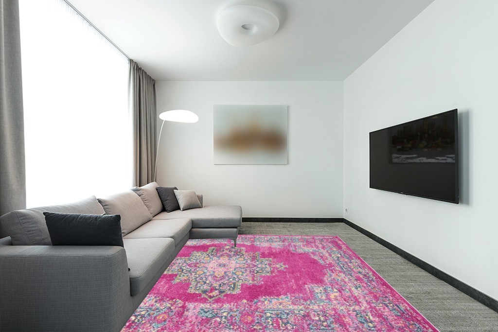 Rug over carpet ideas in Modern Living Room with Grey Couch