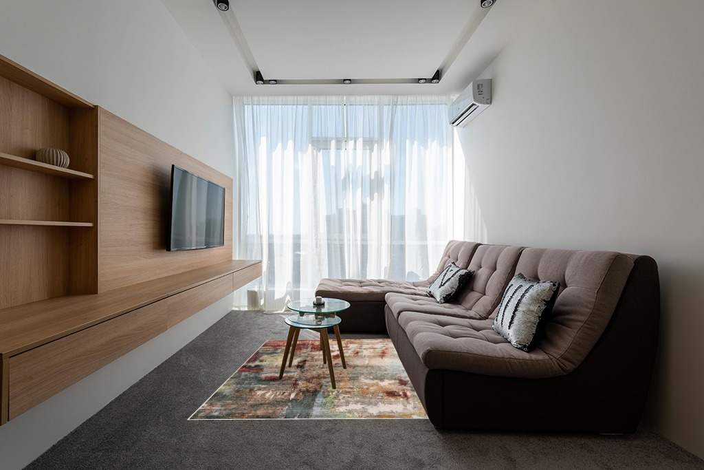 Lahome Modern Abstract Washable 5x7 Living Room Rug, Red Bedroom Mat Soft Non Slip Low Pile Contemporary Front Entrance Carpet for Hardwood Floor Decor Home Office Dining Room Area Rug in Grey Living Room with Brown Couch