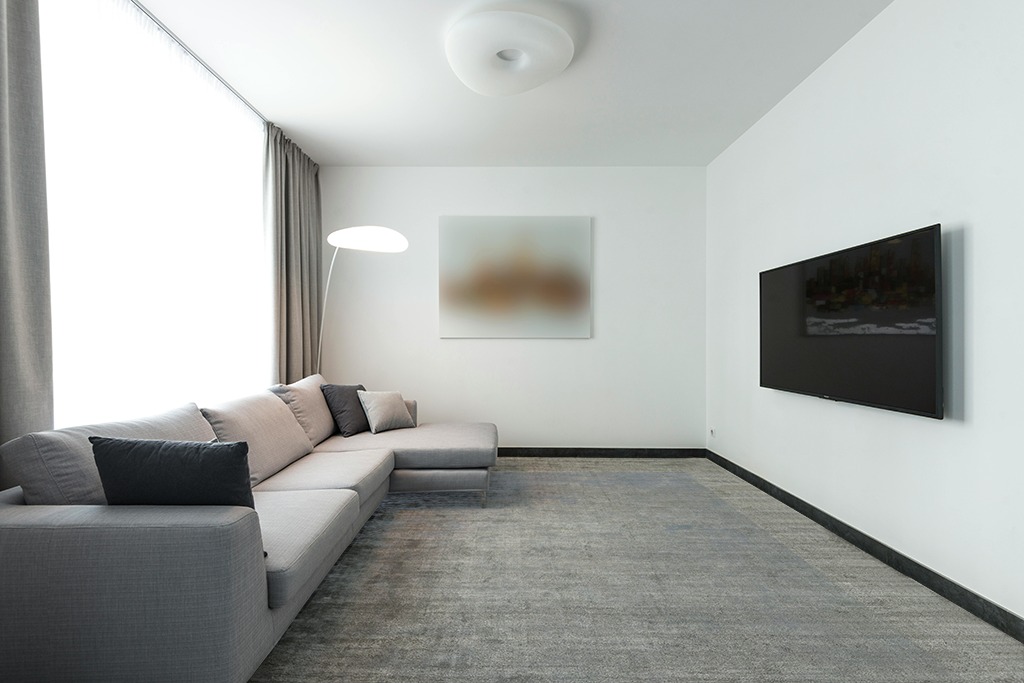 Large rug ideas in Modern Living Room with Grey Couch