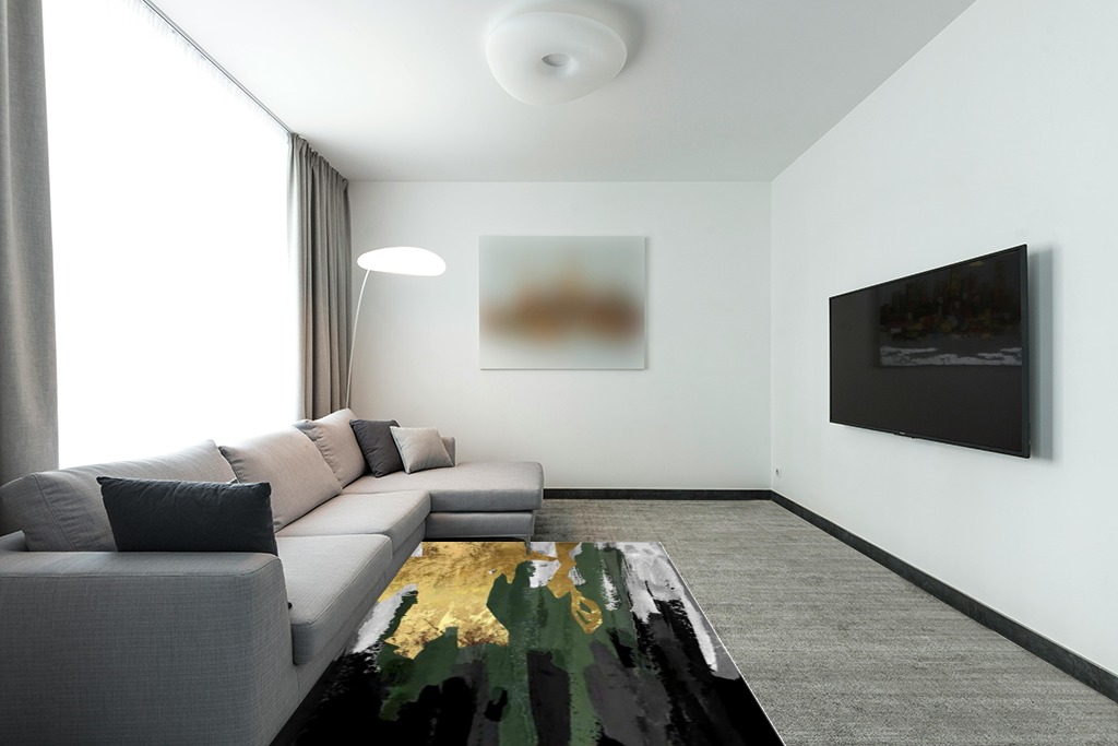 Green rug ideas in Modern Living Room with Grey Couch