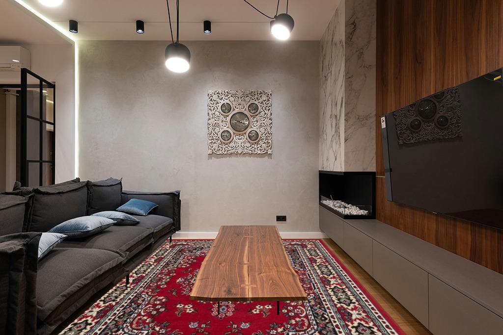 Christmas rug ideas in Dark Wood Living Room with Black Couch