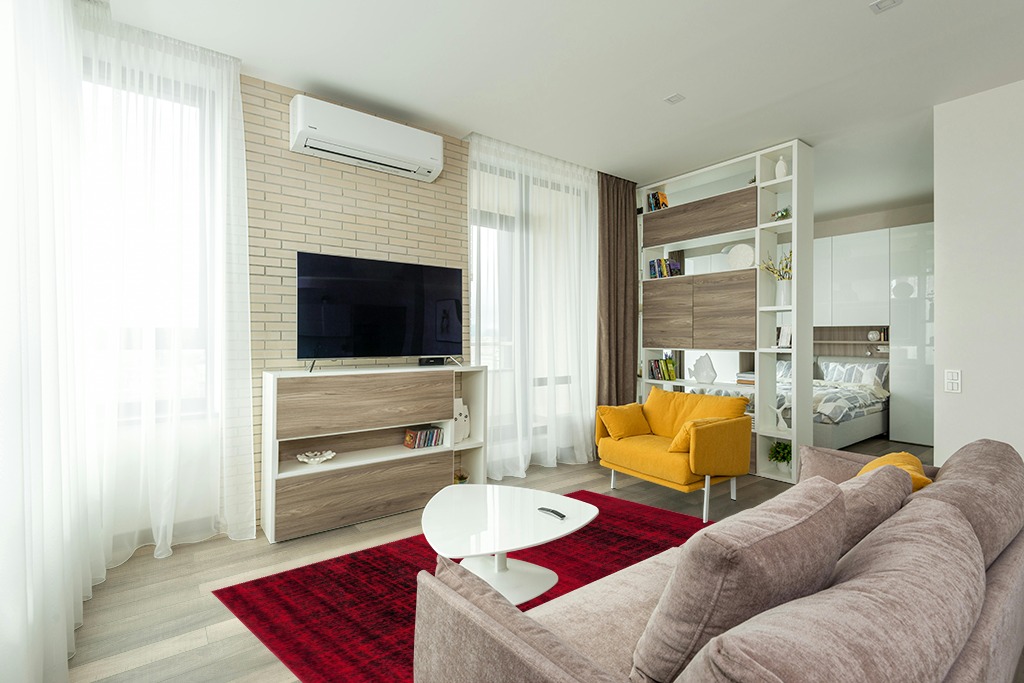 SAFAVIEH Adirondack Collection Area Rug - 5'1" x 7'6", Red & Black, Modern Abstract Design, Non-Shedding & Easy Care, Ideal for High Traffic Areas in Living Room, Bedroom (ADR116F) in Light Modern Living Room with TV