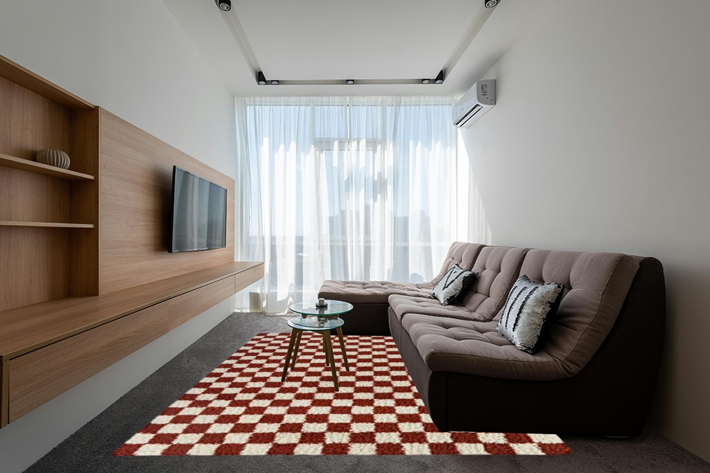 Balta Rugs Oslo Checkered Shag Rug, Red, 8' x 10' in Grey Living Room with Brown Couch