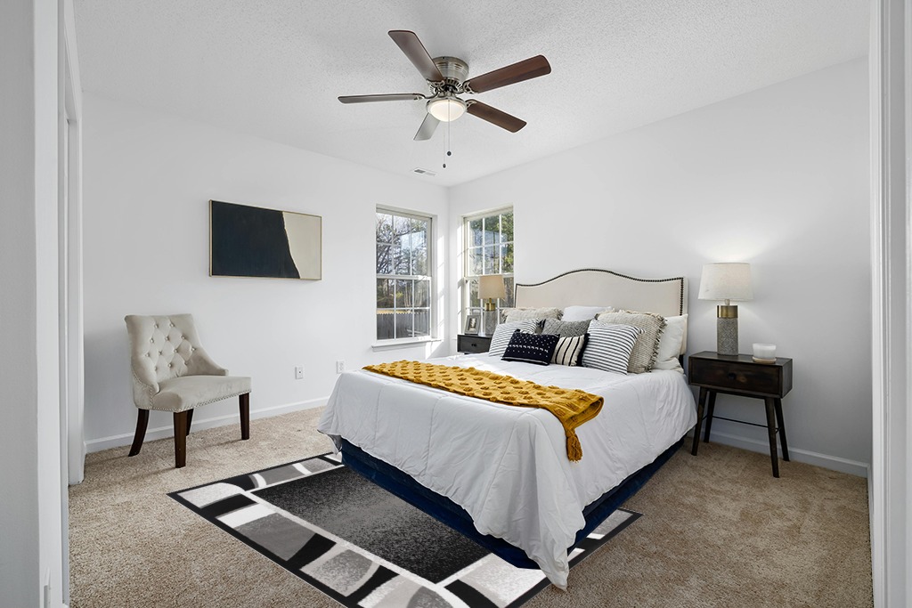 Cowhide rug in bedroom ideas in White and Yellow Modern Bedroom