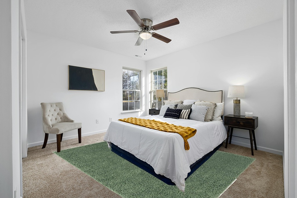 Green rug ideas in White and Yellow Modern Bedroom