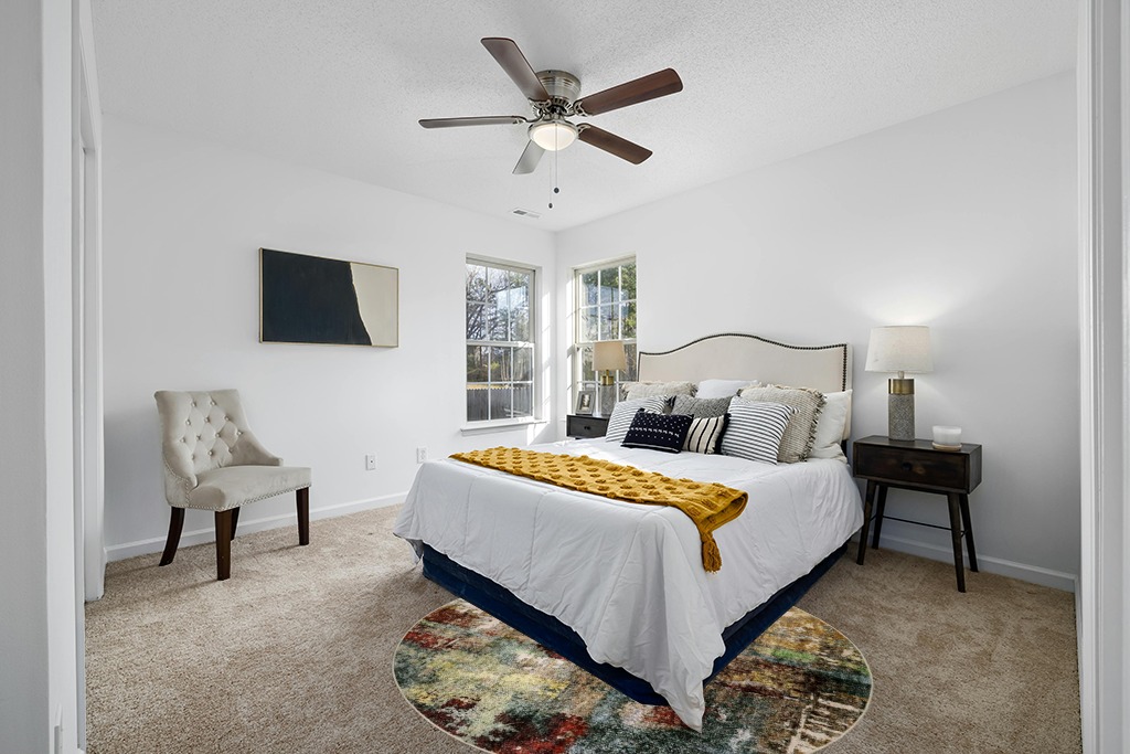 Rug over carpet ideas in White and Yellow Modern Bedroom