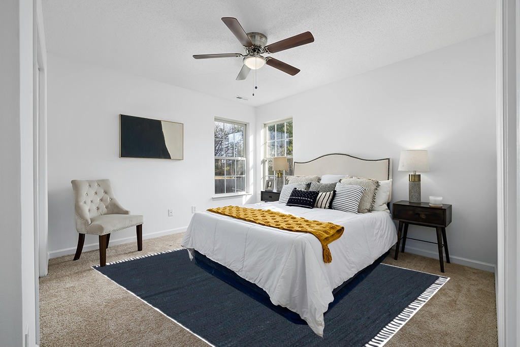 Blue rug ideas in White and Yellow Modern Bedroom