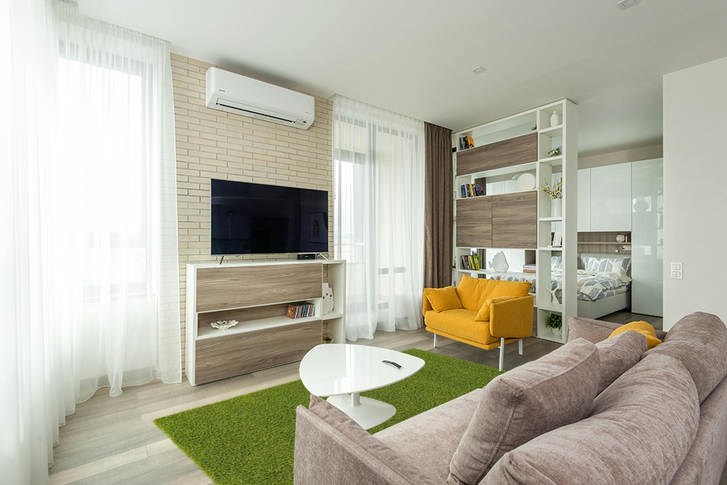 Green rug ideas in Light Modern Living Room with TV