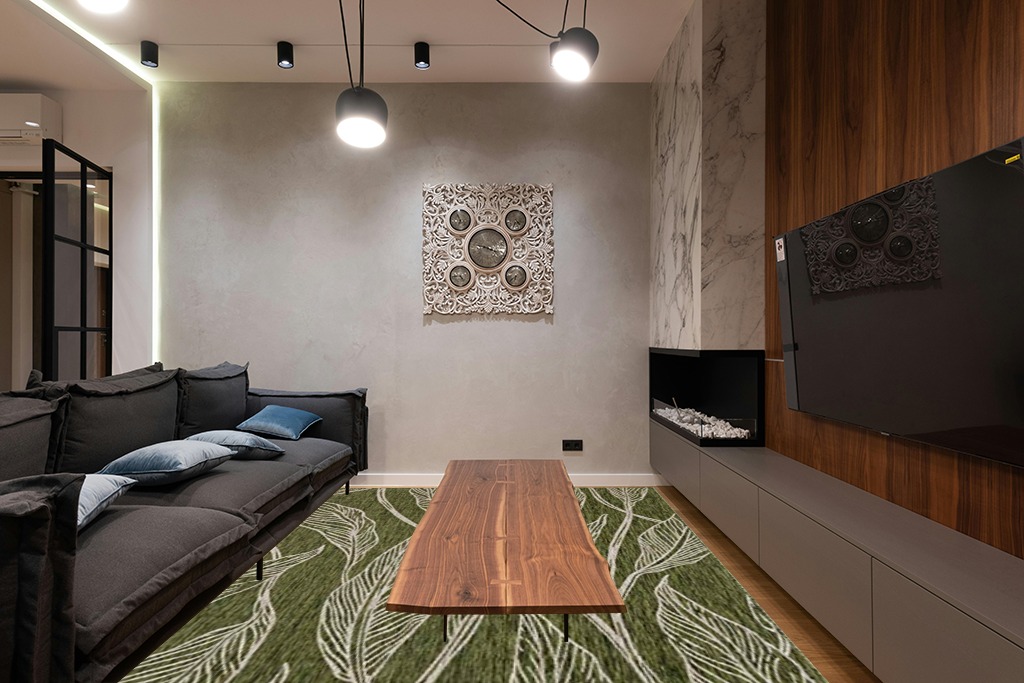 Unique Loom Outdoor Botanical Collection Area Rug - Leaf (7' 10" x 11' 4" Rectangle, Green/ Ivory) in Dark Wood Living Room with Black Couch