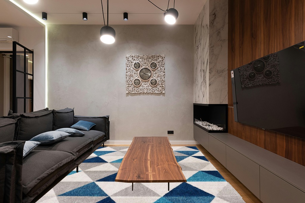Grey room rug ideas in Dark Wood Living Room with Black Couch