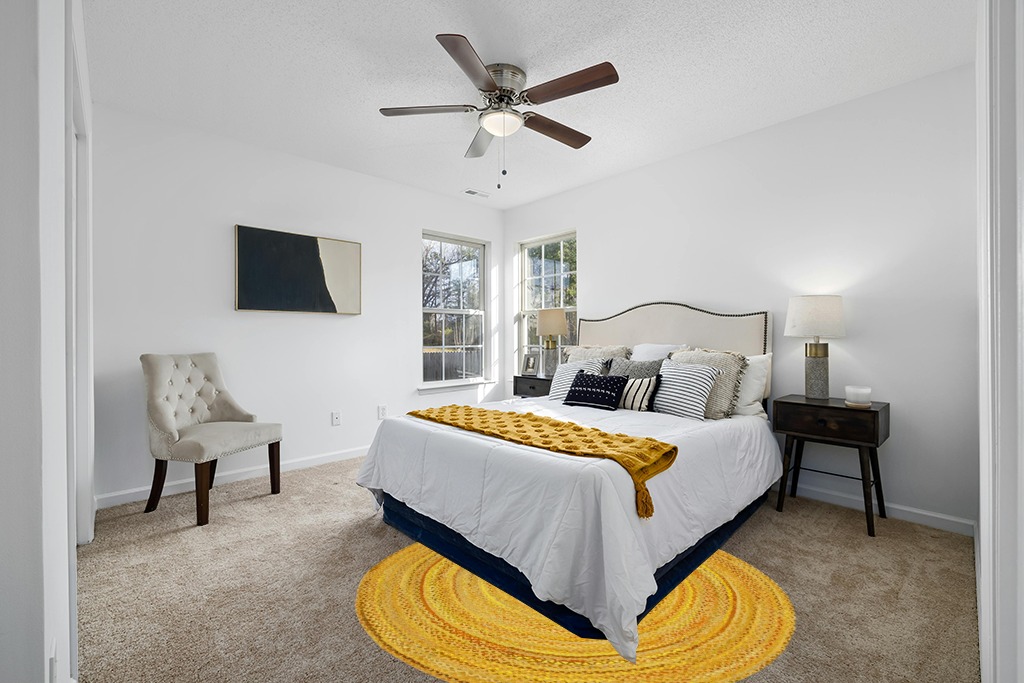 Rug over carpet ideas in White and Yellow Modern Bedroom