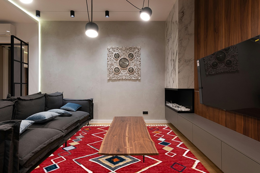 SAFAVIEH Farmhouse Collection 8' x 10' Red/Gold FMH599Q Moroccan Boho Tassel Area Rug in Dark Wood Living Room with Black Couch