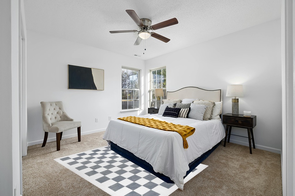 Grey bedroom rug ideas in White and Yellow Modern Bedroom
