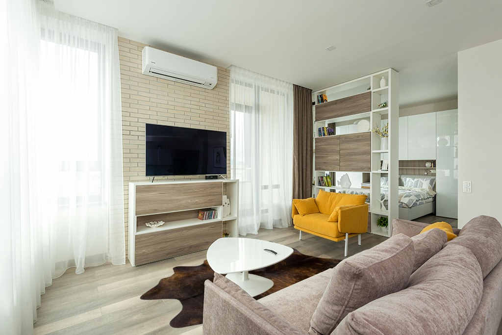 Cowhide rug living room ideas in Light Modern Living Room with TV