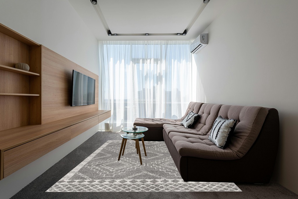 Farmhouse living room rug ideas in Grey Living Room with Brown Couch
