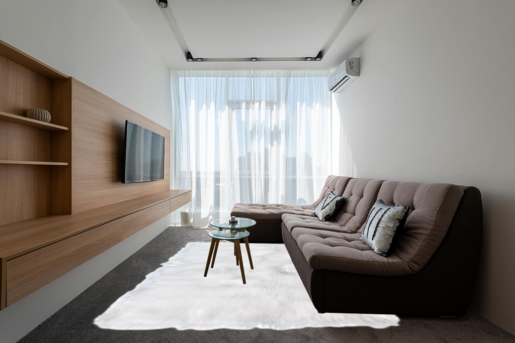 8 x 10 Feet Carpet in Grey Living Room with Brown Couch