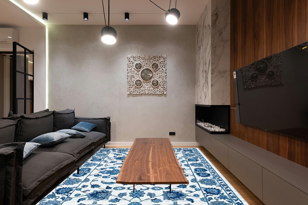 Unique Loom Boston Collection Area Rug - Floral (7' 10" x 10' Rectangle, White Blue/ Gray) in Dark Wood Living Room with Black Couch