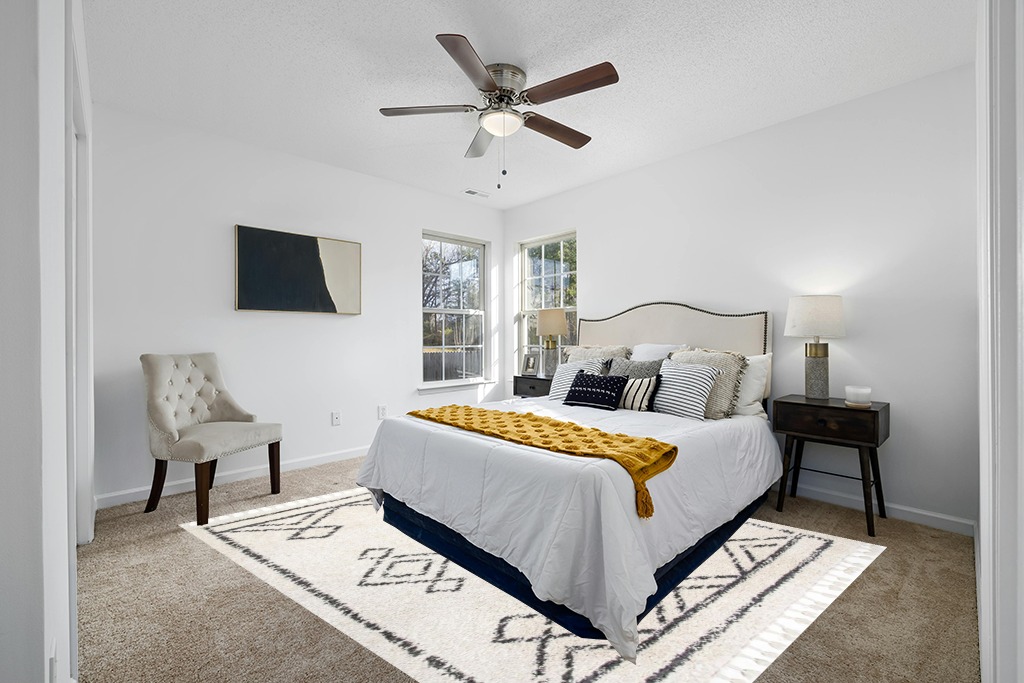 Grey room rug ideas in White and Yellow Modern Bedroom