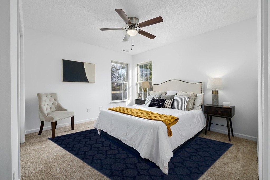 Rug over carpet ideas in White and Yellow Modern Bedroom