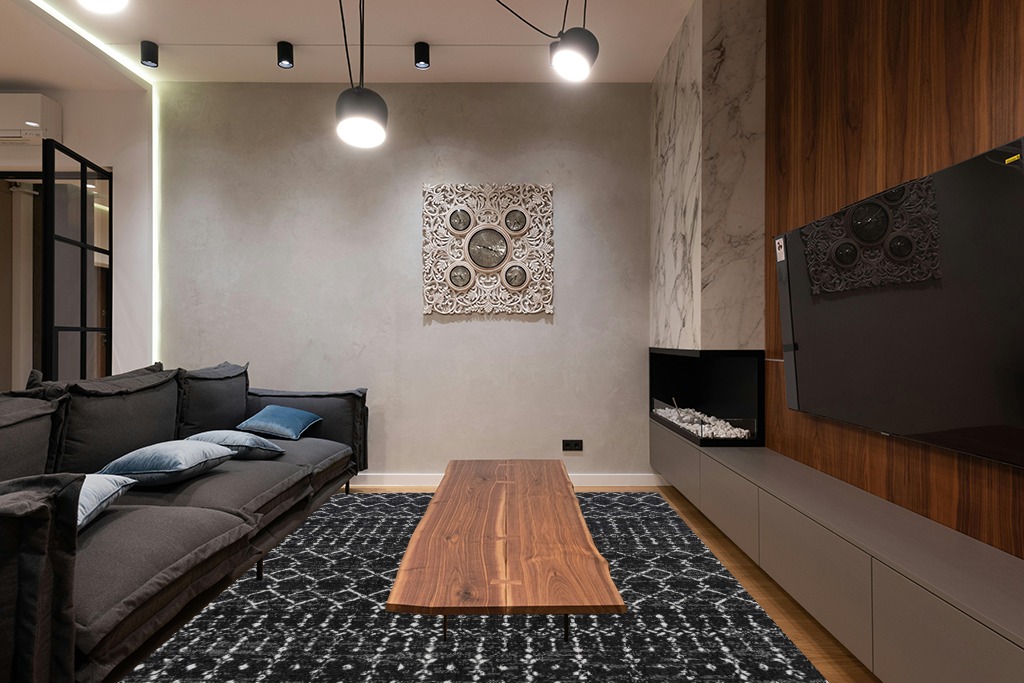 Are black rugs a bad idea in Dark Wood Living Room with Black Couch