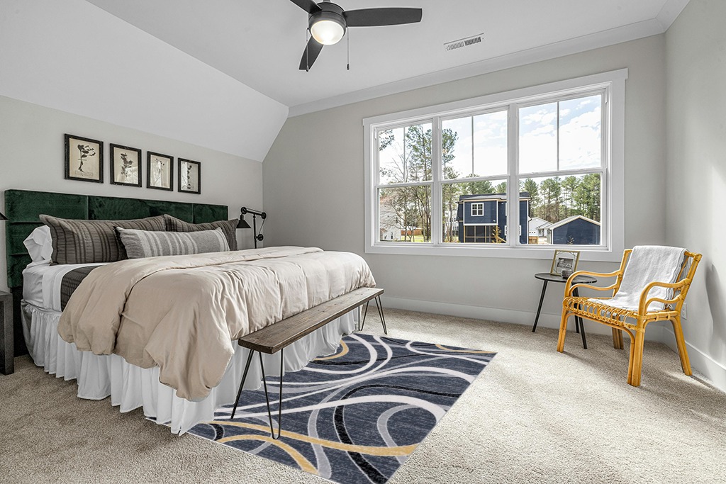 Grey room rug ideas in Grey Traditional Bedroom with King Bed