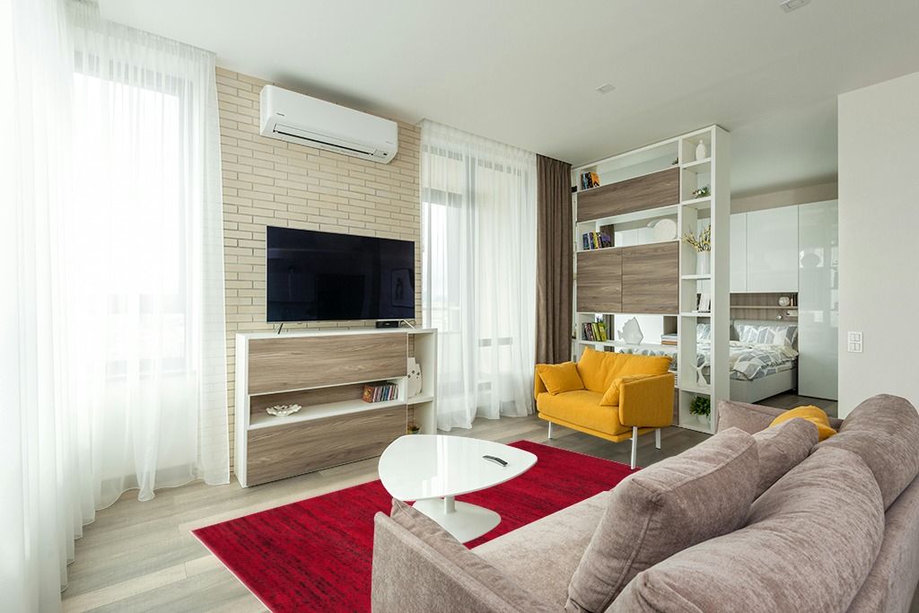 SAFAVIEH Adirondack Collection Area Rug - 5'1" x 7'6", Red & Black, Modern Abstract Design, Non-Shedding & Easy Care, Ideal for High Traffic Areas in Living Room, Bedroom (ADR117F) in Light Modern Living Room with TV