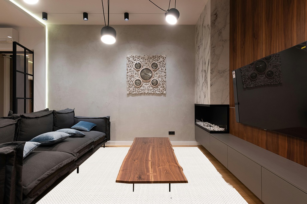 Modern living room rug ideas in Dark Wood Living Room with Black Couch