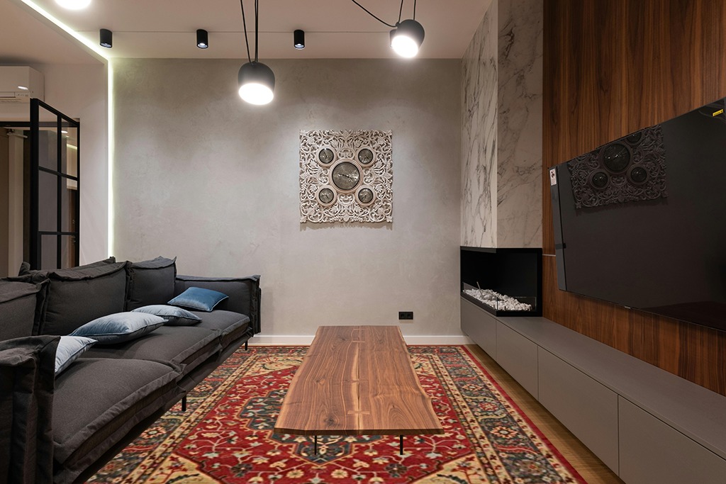 SAFAVIEH Mahal Collection Area Rug - 8' x 11', Navy & Red, Traditional Oriental Design, Non-Shedding & Easy Care, Ideal for High Traffic Areas in Living Room, Bedroom (MAH621C) in Dark Wood Living Room with Black Couch