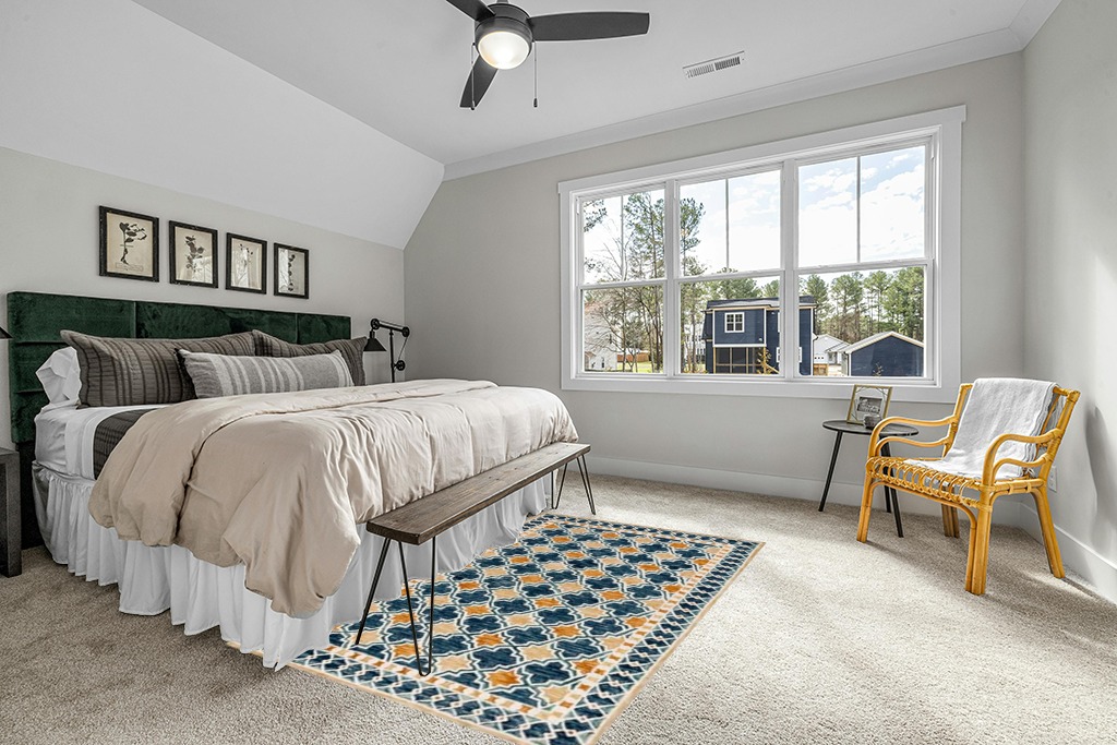 Yellow rug ideas in Grey Traditional Bedroom with King Bed