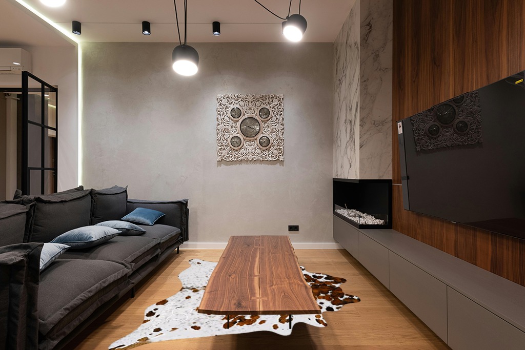 pergamino Ecowhides 100% Genuine Brazilian Cowhide Rug - Tricolor White - Luxury Cowskin Cow Hide Leather Area Rug Home Decor (X-Large) 7 x 6 ft in Dark Wood Living Room with Black Couch