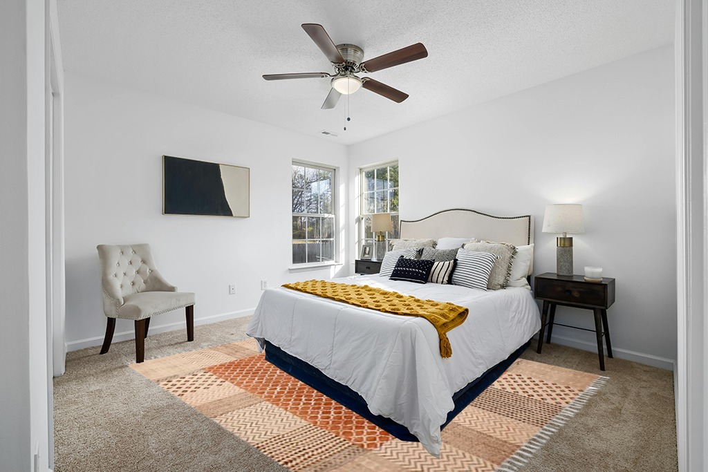 Rug over carpet ideas in White and Yellow Modern Bedroom