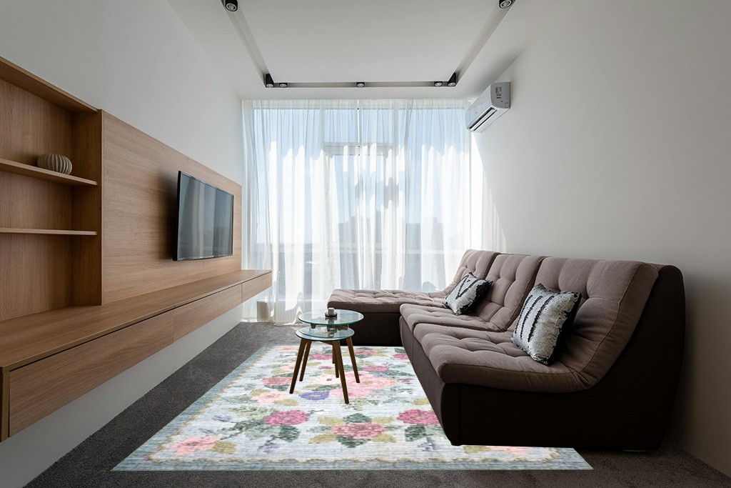 Loloi Rifle Paper Co. x Rosa Sky 7'-6" x 9'-6" Area Rug in Grey Living Room with Brown Couch
