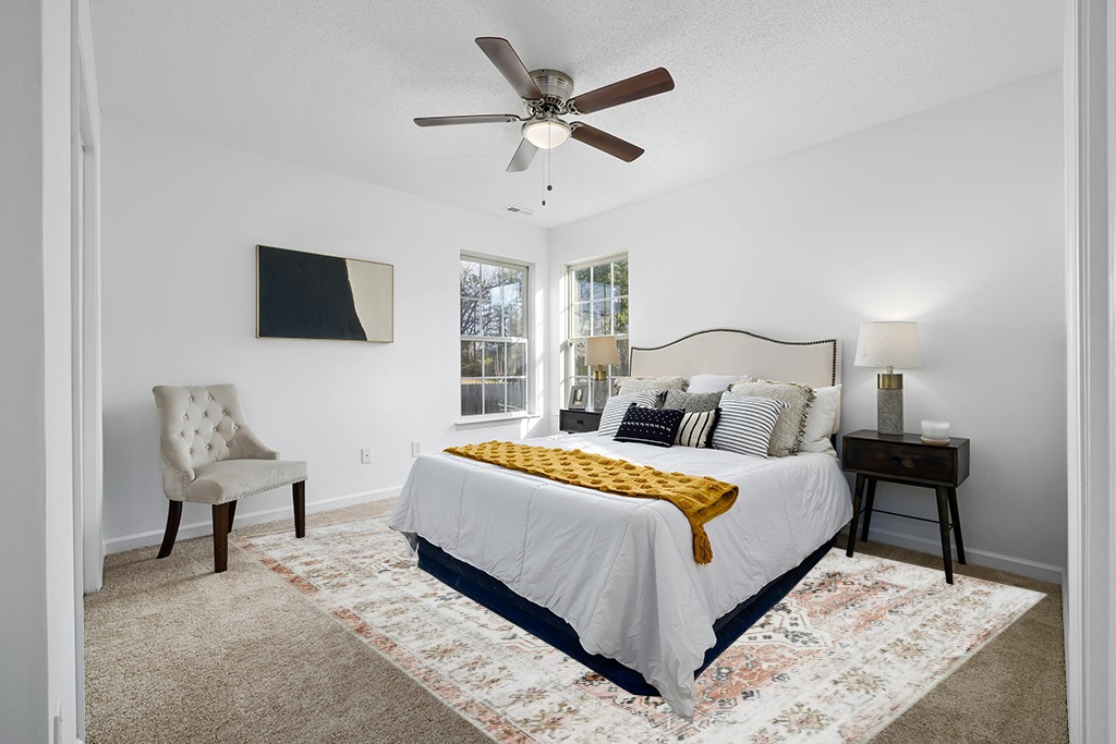 Rug over carpet ideas in White and Yellow Modern Bedroom