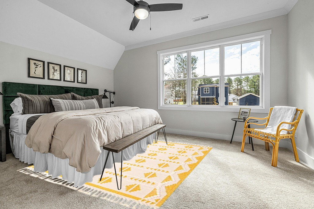 Yellow rug ideas in Grey Traditional Bedroom with King Bed