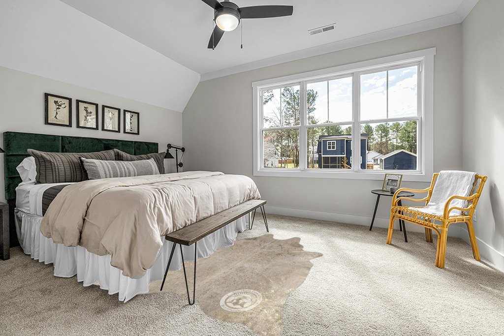 Cowhide rug in bedroom ideas in Grey Traditional Bedroom with King Bed
