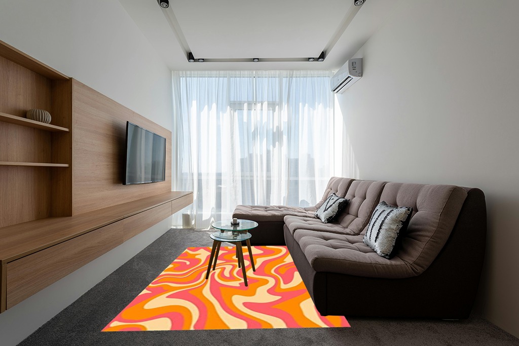 PeeNoke 1970 Wavy Swirl Seamless Orange Pink Colors Hand Drawn Seventies Style Area Rug Outdoor Patio Rug Play Mat Floor Mat Modern Carpet Non-Slip Home Decor Living Room Bedroom Nursery, 6x9 ft in Grey Living Room with Brown Couch
