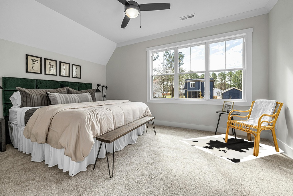 Cowhide rug in bedroom ideas in Grey Traditional Bedroom with King Bed