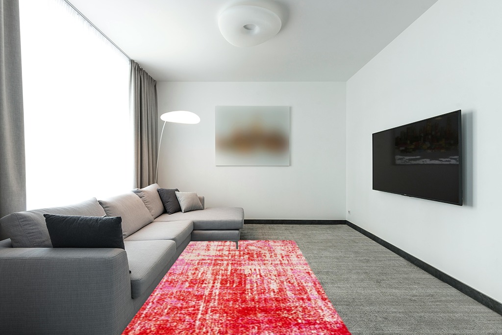 Rug over carpet ideas in Modern Living Room with Grey Couch