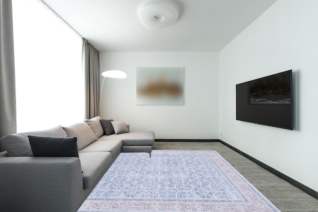 Rug over carpet ideas in Modern Living Room with Grey Couch