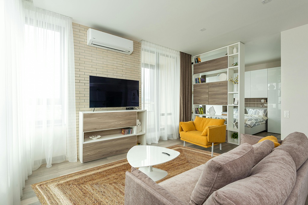 Jute rug decorating ideas in Light Modern Living Room with TV