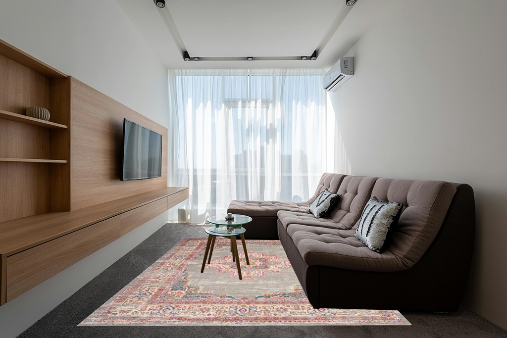 Rugs on grey carpet ideas in Grey Living Room with Brown Couch