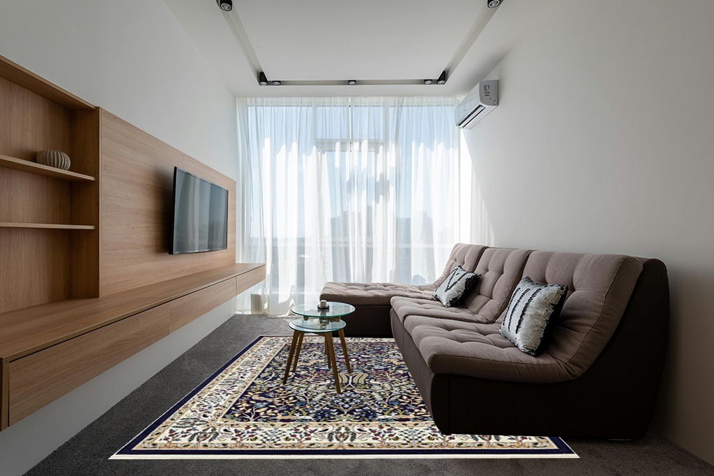 Unique Loom Narenj Collection Area Rug - Bristol (7' 10" x 10' Rectangle, Navy Blue/ Beige) in Grey Living Room with Brown Couch
