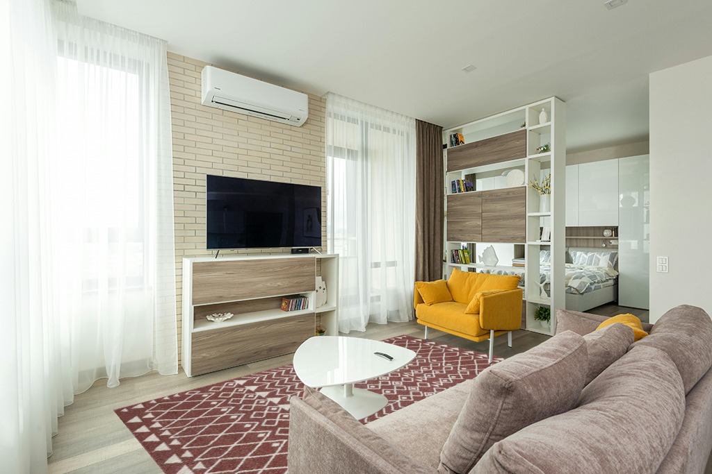 Totti Loops Terracotta/Cream 6 Feet x 9 Feet Southwestern Rug in Light Modern Living Room with TV