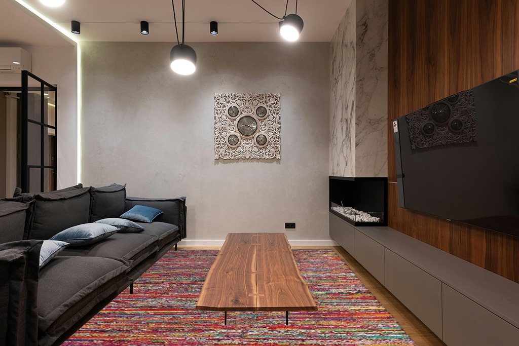 Boho rug ideas in Dark Wood Living Room with Black Couch